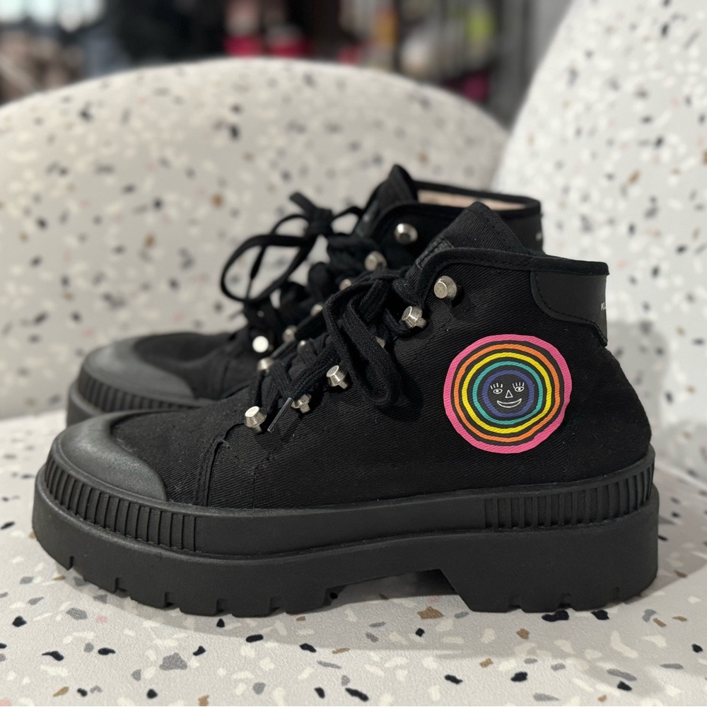 Kurt Geiger Black Combat Boots with Rainbow Patch
